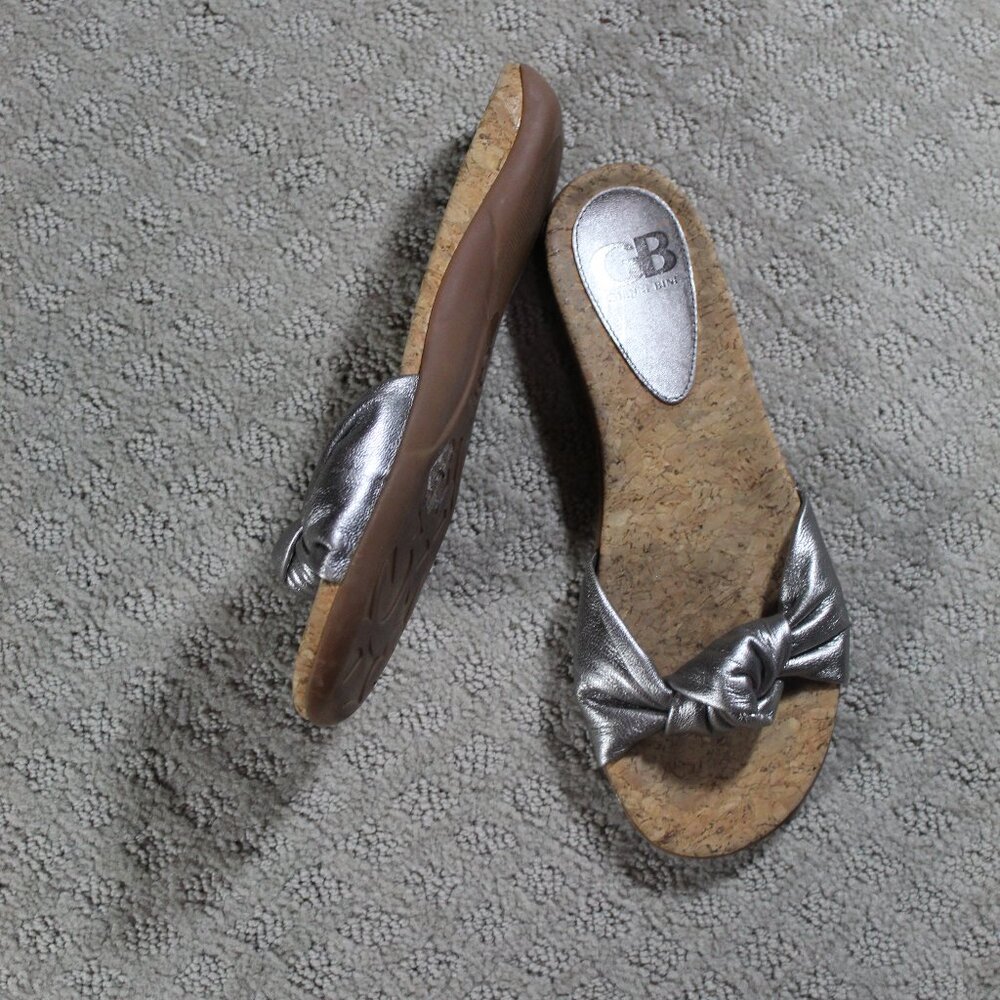 Gianni Bini Women's Sz 6M Silver Leather Knotted Bridge with Cork Insole Sandals